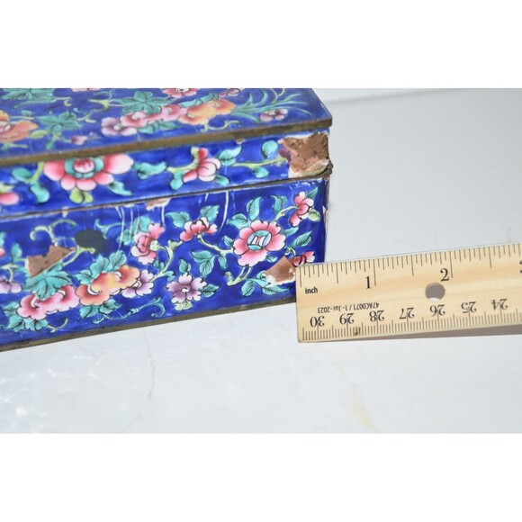 Vtg Chinese Enamel Brass Trinket Box Damaged Blue floral flaws - Picture 4 of 15
